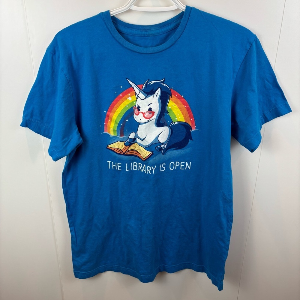 teeturtle Unicorn The Library Is Open Rainbow Sparkle T-Shirt Unisex Graphic Tee